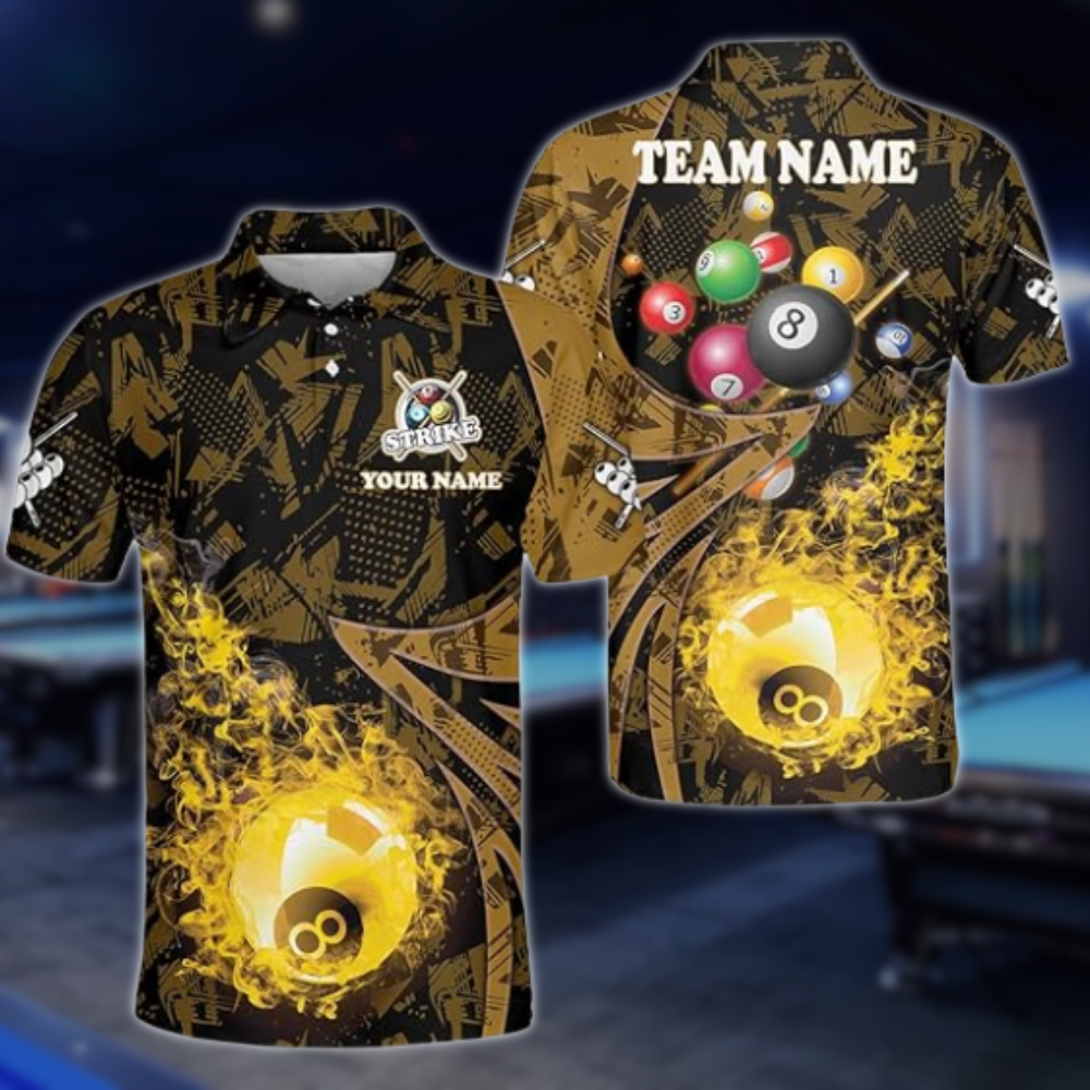 Custom Flame 8 Ball Billiard Polo Shirt For Mens, Custom Flame Billiard Team Shirts BLD0108
