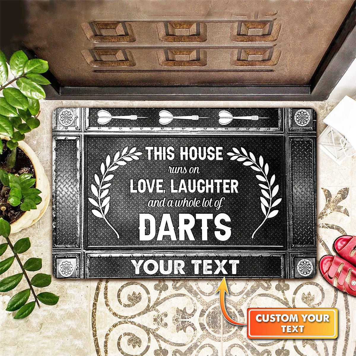 This House Runs On Love, Laughter And A Whole Lot Of Darts Personalized Doormat Gift For Darts Player ORN0153