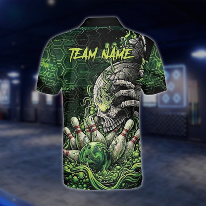 Personalized Mens Skull Green Bowling Polo Shirt, Custom Skull Team Bowling Shirt BZ0922 BOW0019