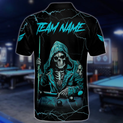 Custom Cyan Skull Billiard Polo Shirt For Mens, Custom Team Skull Billiard Shirts BLD0146