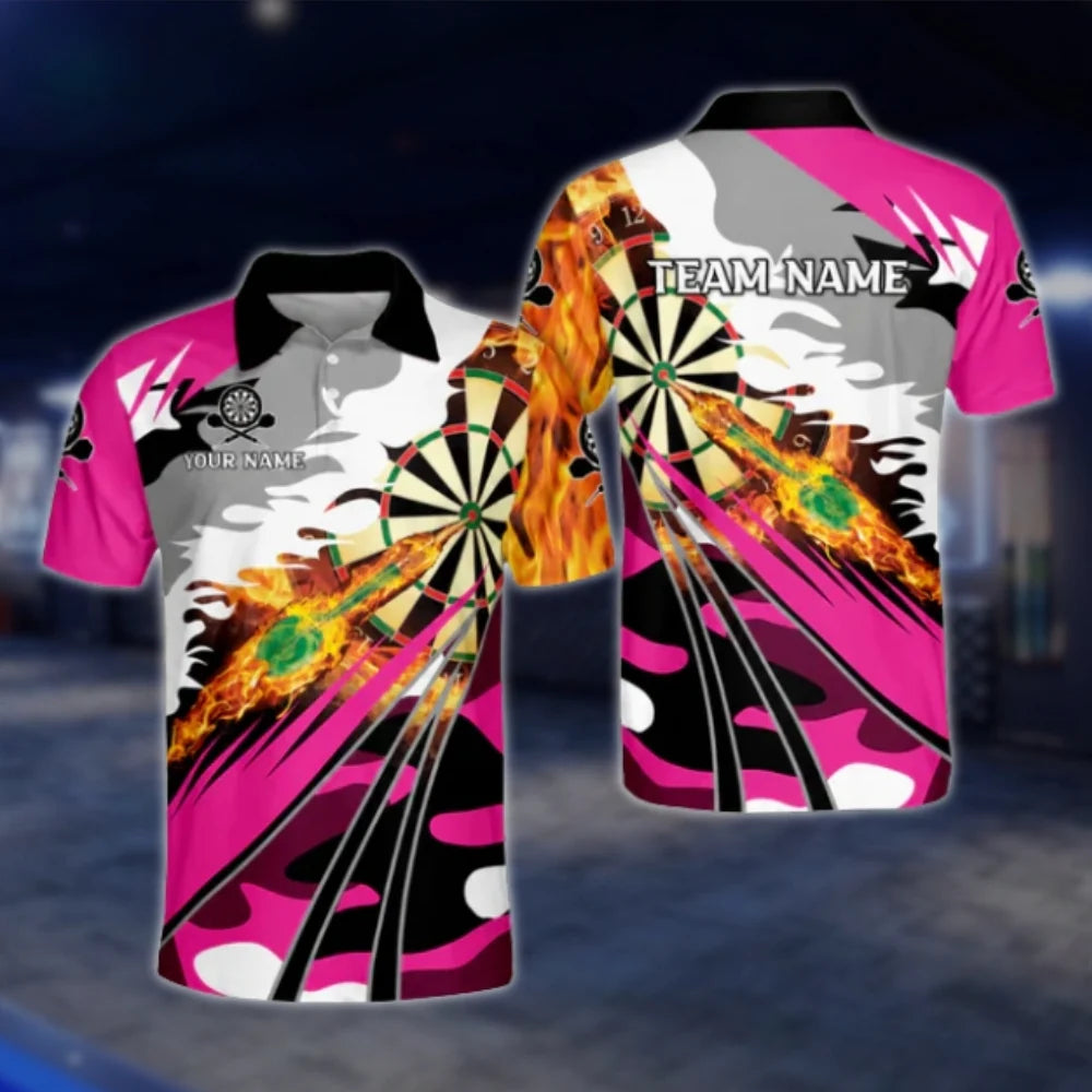 Custom Fire Dartboard Mens Blue Dart Polo Shirt, Custom Flame Dart Team Shirts DAT0273