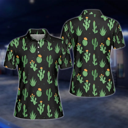 Matching Cactus Black Golf Shirts For Men And Women, Cactus Couple Golf Shirts GOF0172