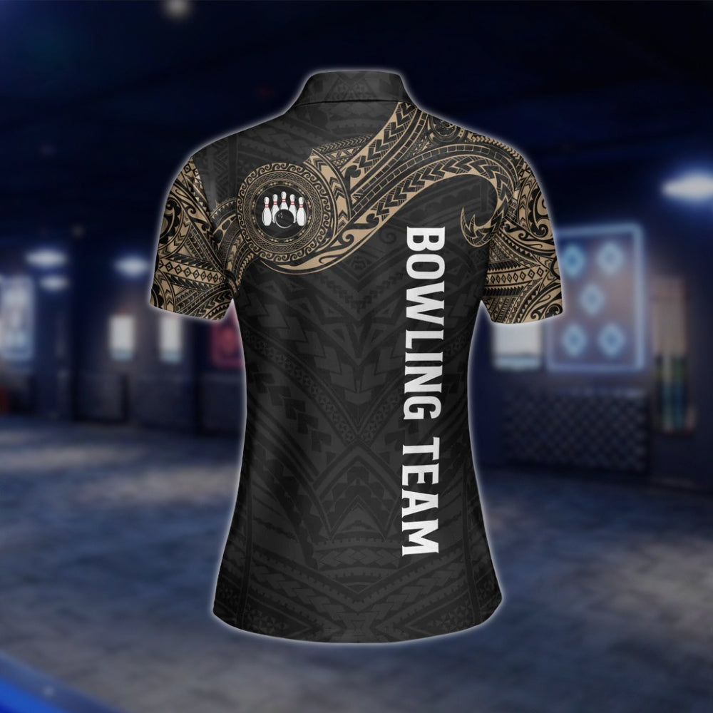 Custom Tribal Black Beige Womens Bowling Polo Shirt, Custom Tribal Bowling Team Shirt Women BW0155 BOW0246