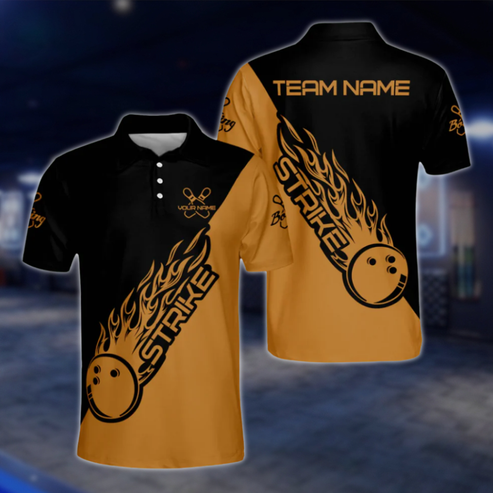 Customized Black Blue Flame Ball Strike Bowling Polo Shirts For Men, Custom Flame Bowling Team Shirts BM0304 BOW0424