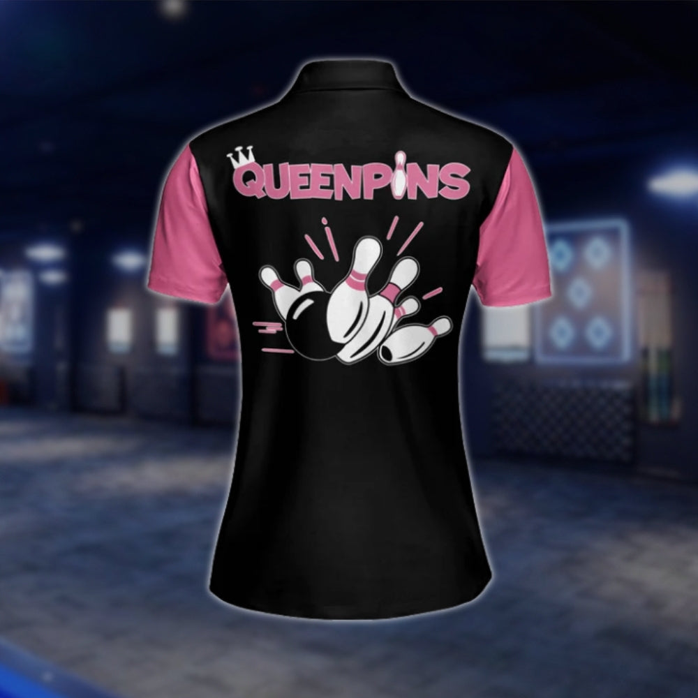 Queenpins Custom Name Black Pink Bowling Polo Shirt, Custom Funny Womens Bowling Shirts BW0050 BOW0234