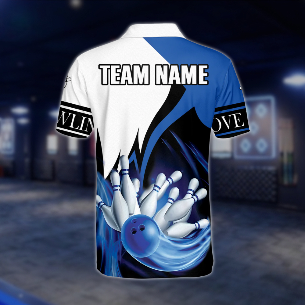 Custom Team Mens Bowling Polo Shirt Blue White, Custom Bowling Shirts BE0041 BOW0432