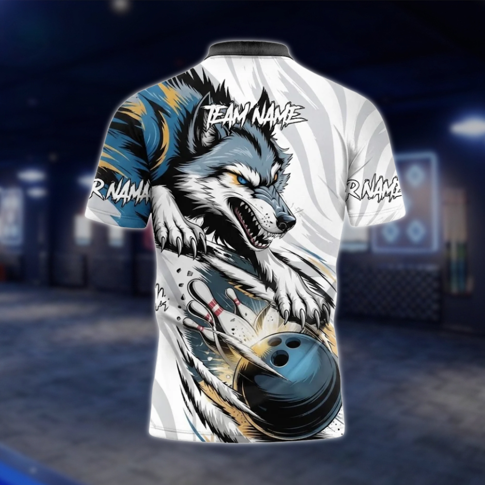Personalized Wolf Blue And White Bowling Polo Shirt Men, Custom Wolf Bowling Team Shirt BZ0800 BOW0107