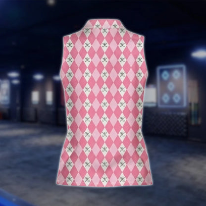 Personalized Pink Argyle Womens Sleeveless Golf Shirt, Custom Argyle Golf Shirt For Ladies GOF0064