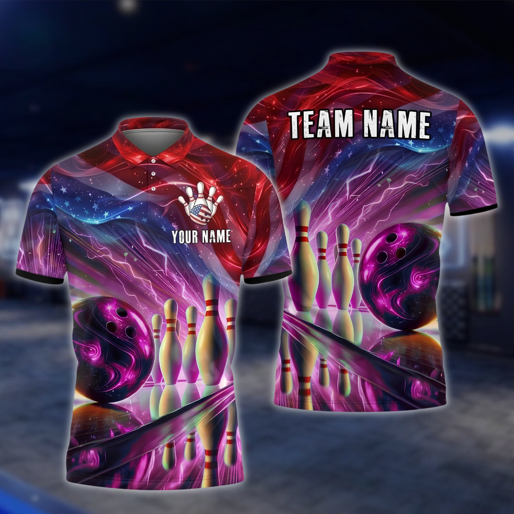 Personalized American Flag Neon Bowling Polo Shirt Mens, Custom Team Patriotic Bowling Shirt BZ0906 BOW0037