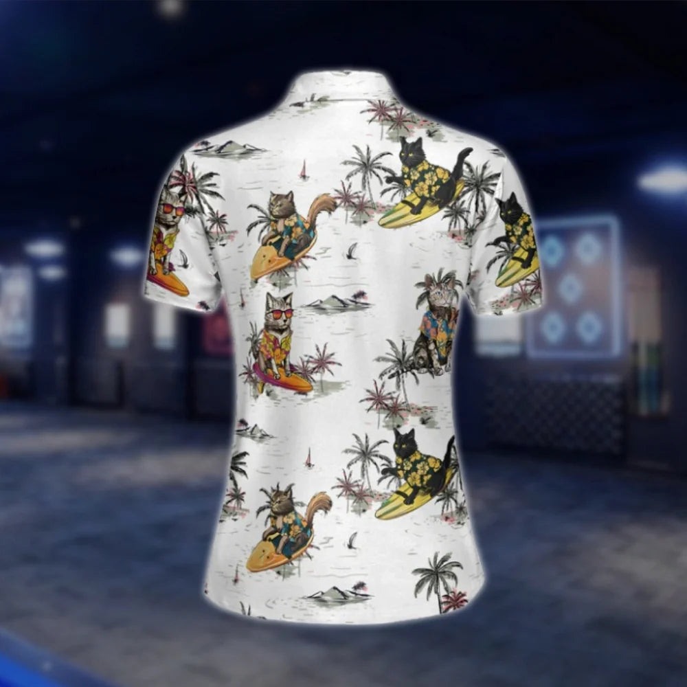 Cat Tropical White Golf Polo Shirts Women, Womens Cat Golf Shirts GOF0284