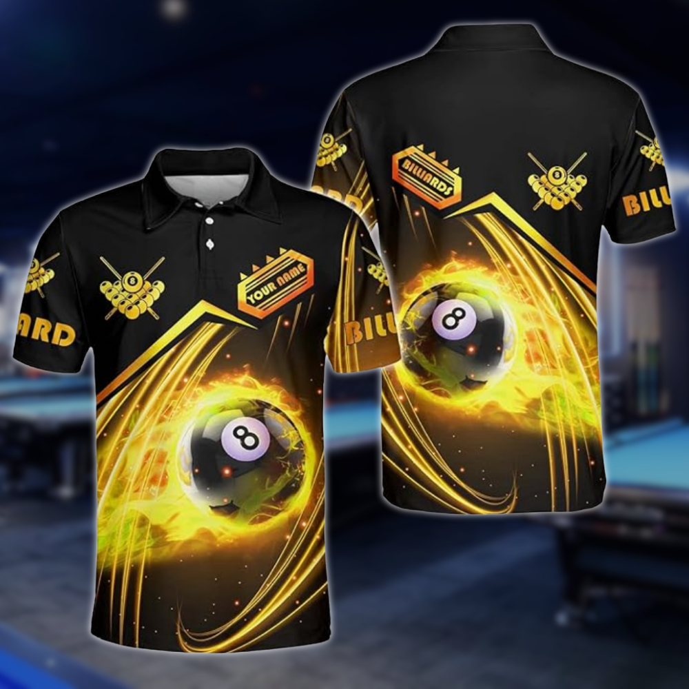 Custom Red Flame 8 Ball Billiard Men Polo Shirts, Custom Flame Pool Billiard Shirts BLD0228