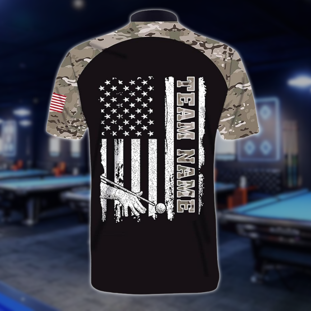 Custom Camo American Flag Billiard Jersey For Men, Custom Patriotic Pool Billiard Team Shirts BLD0292