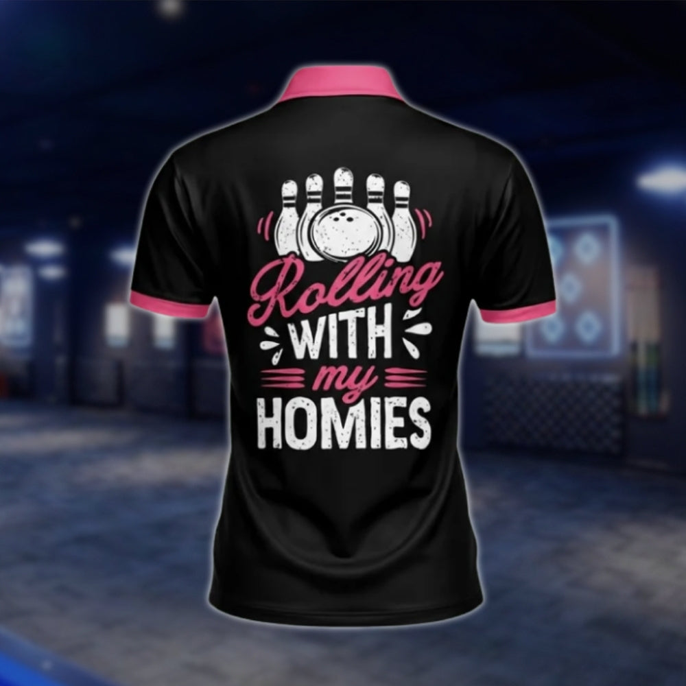 Rolling With My Homies Custom Womens Argyle Pink Black Bowling Polo Shirt, Custom Funny Women Bowling Shirt With Name BW0089 BOW0207