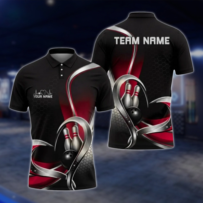 Personalized Team Silver Black Blue Bowling Polo Shirt, Custom Bowling Shirt For Men BZ0799 BOW0105