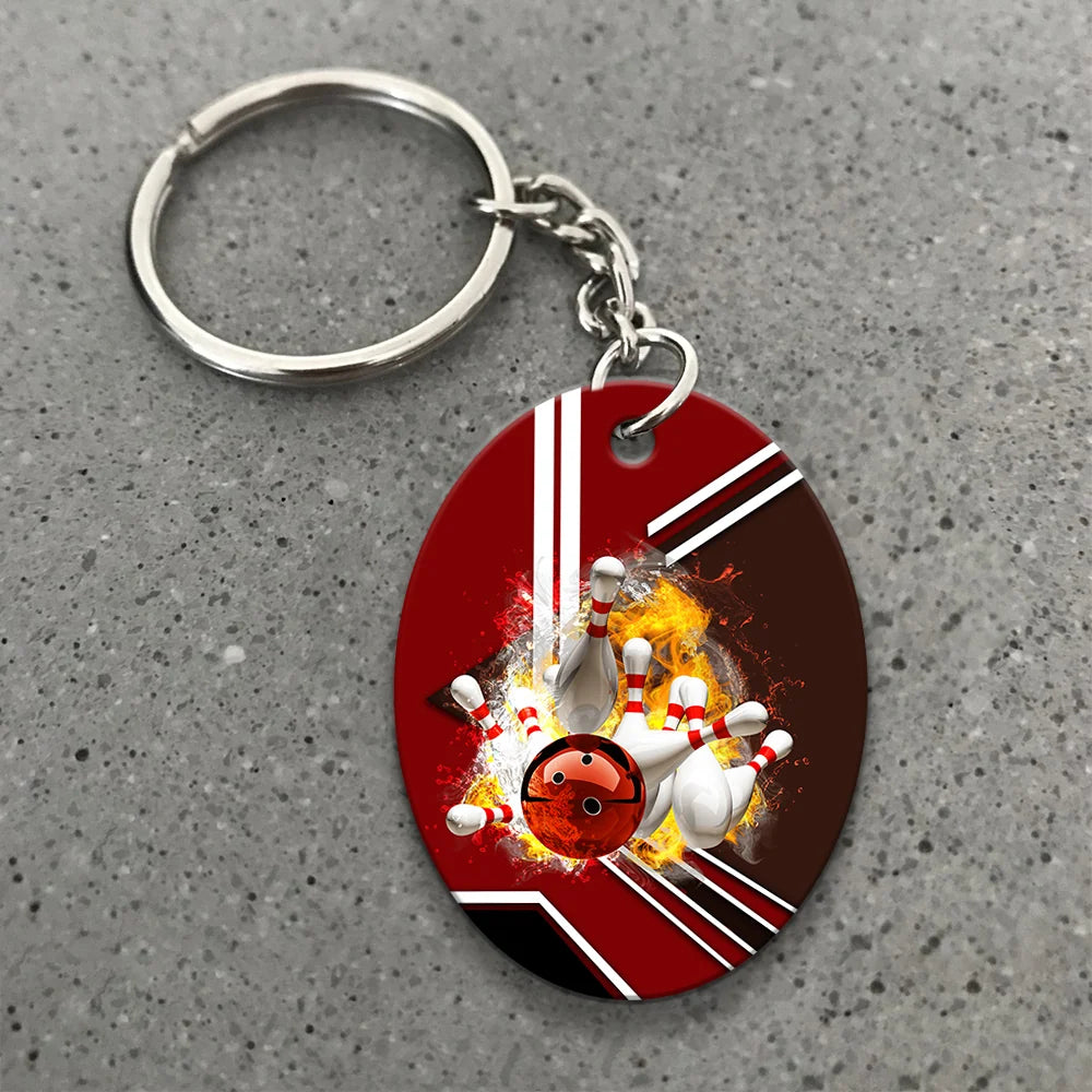 Red Bowling Ball On Fire Crashing Pins Keychain ORN0187