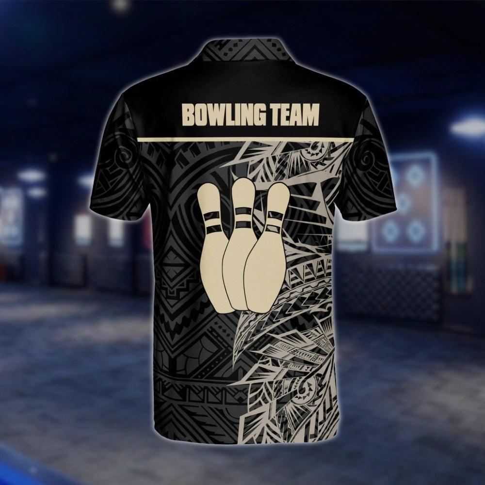 Custom Tribal Bowling Polo Shirt For Mens, Black And Beige Custom Tribal Bowling Team Shirts BZ0169 BOW0194