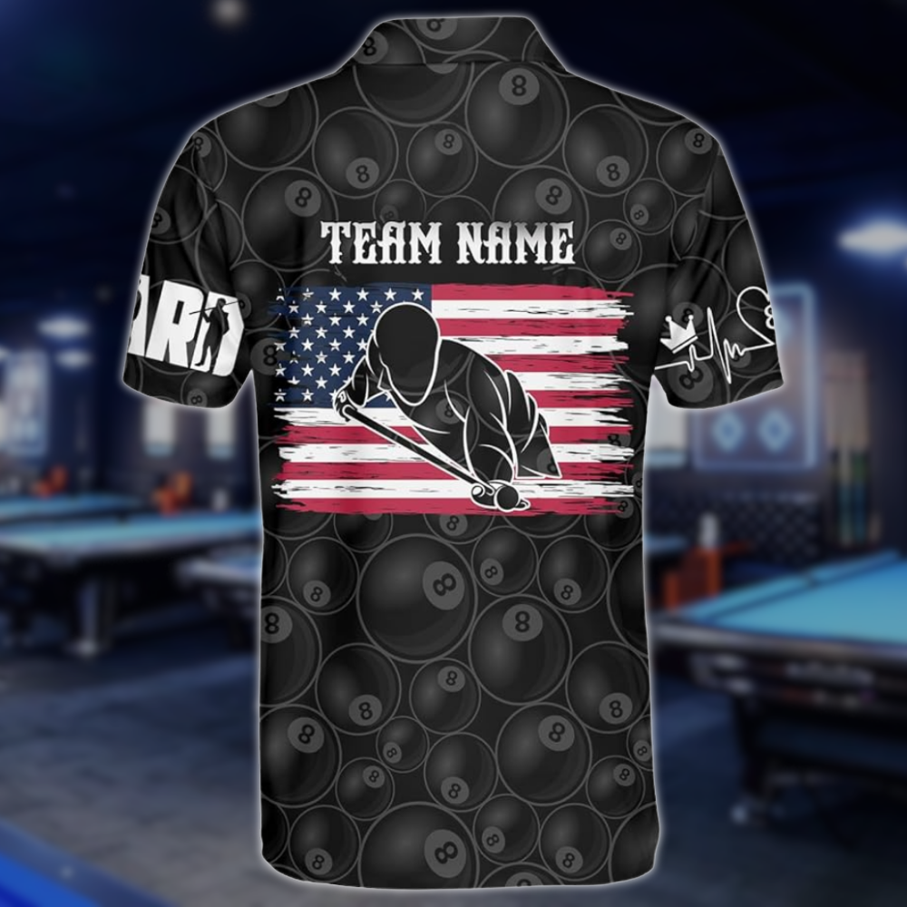Custom American Flag 8 Ball Black Billiard Men Polo Shirts, Custom Patriotic Pool Billiard Team Shirts BLD0299
