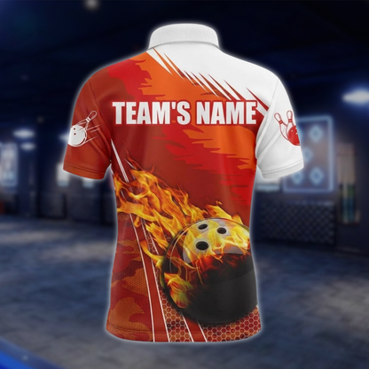 Personalized Flame Orange White Bowling Polo Shirt Mens, Custom Flame Bowling Team Shirts BZ0735 BOW0184