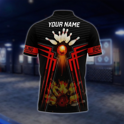 Personalized Flame Bowling Polo Shirt Men Black And Red, Custom Flame Bowling Shirt With Name BZ0748 BOW0171