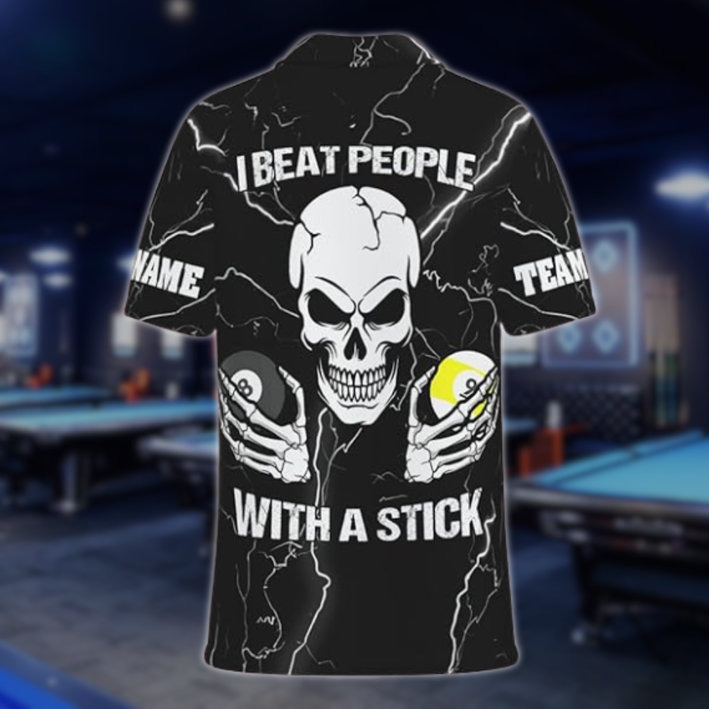 I Beat People With A Stick Custom Skull Billiard Mens Polo Shirt, Custom Funny Skull Billiard Shirts For Team BLD0111