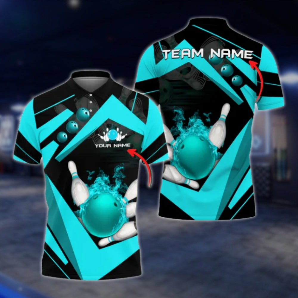 Custom Team Flame Ball Bowling Polo Shirt For Mens, Blue Black Custom Bowling Team Shirts BO0375 BOW0400