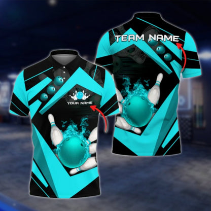 Custom Team Flame Ball Bowling Polo Shirt For Mens, Blue Black Custom Bowling Team Shirts BO0375 BOW0400