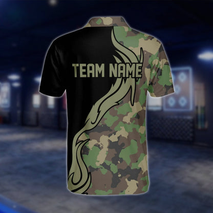 Custom Green Camouflage Bowling Mens Polo Shirt, Custom Camo Bowling Team Shirts BM0334 BOW0193