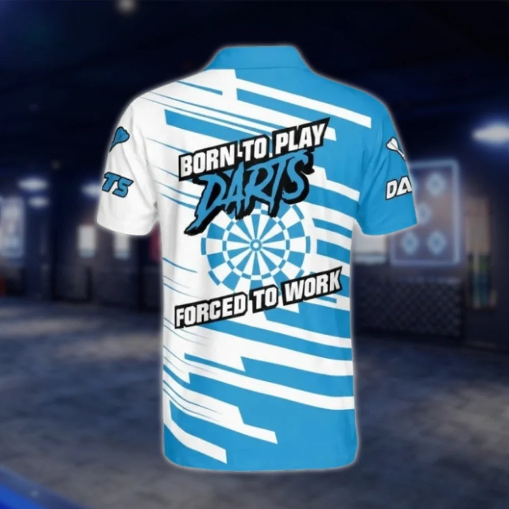 Born To Play Darts Forced To Work Custom Name Blue White Dart Polo Shirt For Men, Custom Funny Dart Shirt DAT0436