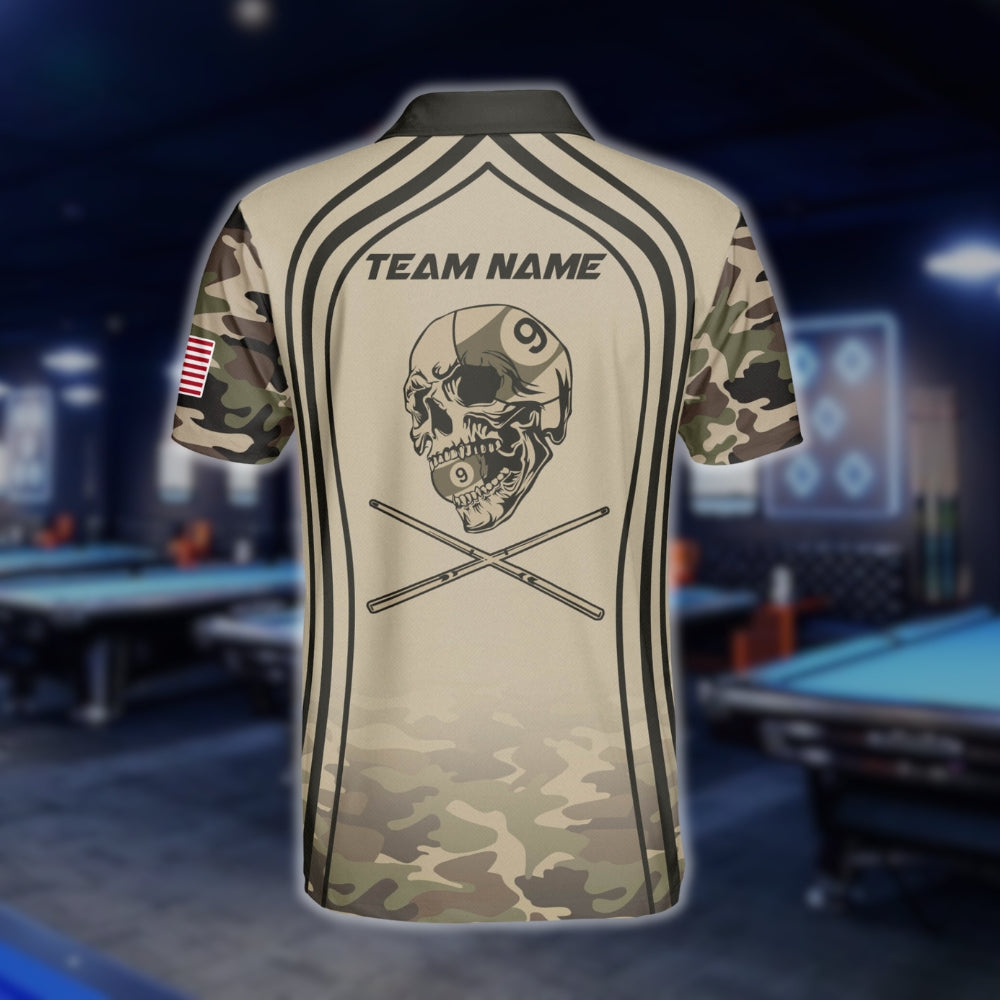 Custom Camo Skull 9 Ball Billiard Polo Shirt Mens, Custom Skull 9 Ball Billiard Team Shirts BLD0084