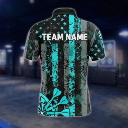 Custom American Flag Grunge Cyan Dart Polo Shirt For Men, Custom Patriotic Dart Team Shirts DAT0350