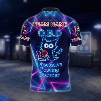O.B.D Obsessive Bowling Disorder Personalized Cat Neon Men's Bowling Polo Shirt, Custom Funny Bowling Shirt For Team BZ0743 BOW0176