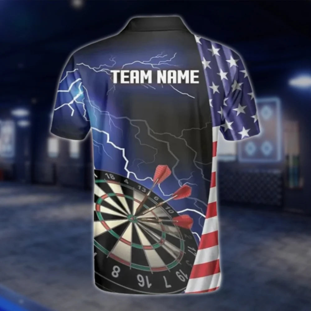 USA Flag Custom Blue Thunder Men's Dart Polo Shirt, Custom Team Patriotic Dart Shirts DAT0359