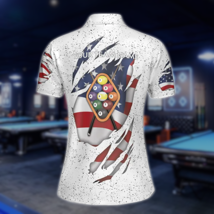 USA Flag Custom White Grunge Billiard Women Polo Shirts, Custom Patriotic Billiard Team Shirts Ladies BLD0123