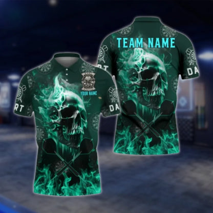 Custom Skull Blue Flame Dart Polo Shirt, Custom Skull Dart Team Shirts DAT0343