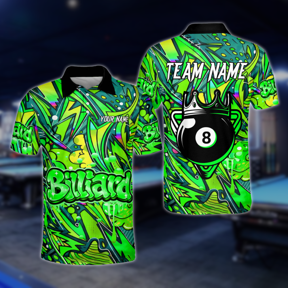 Custom Team Graffiti 8 Ball Polo Shirt Mens, Custom 8 Ball Billiard Team Shirts BLD0119