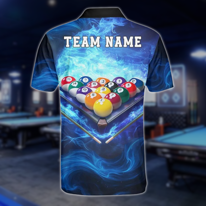 Custom Blue Flame Smoke Billiard Team Polo Shirt For Mens, Custom Flame Billiards Team Shirts BLD0269