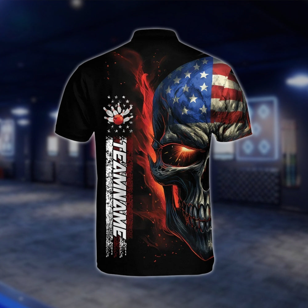 Custom Skull USA Flag Bowling Jersey For Mens, Custom Skull Patriotic Bowling Team Shirts BZ0145 BOW0449