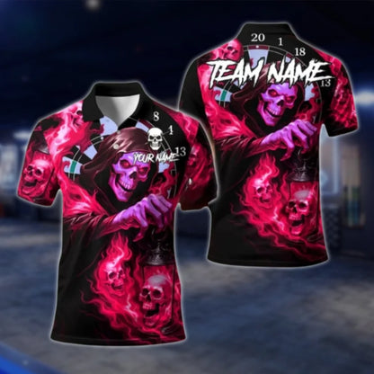 Custom Skull Green Flame Dart Polo Shirt Men, Custom Skull Dart Shirt For Team DAT0346