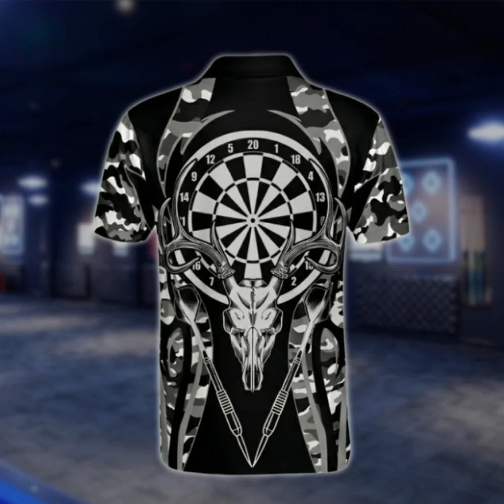 Custom Mens Camo Skull Dart Polo Shirt, Black And White Custom Camo Dart Shirt DAT0449