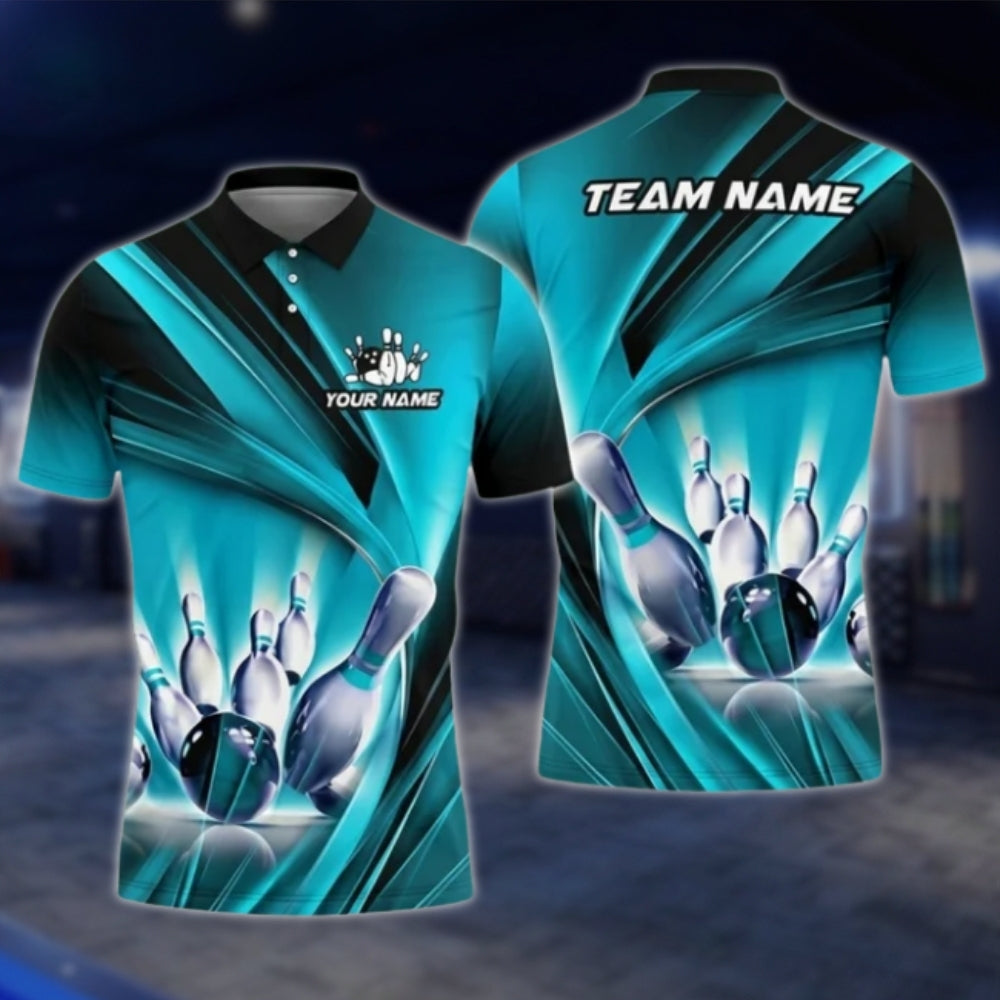 Custom Team Blue Lightning Bowling Polo Shirt For Mens, Custom Bowling Team Shirts BA0005 BOW0377