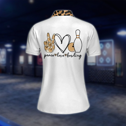 Customized Peace Love Bowling Leopard Polo Shirts For Women, Custom Ladies Leopard Bowling Shirts BW0074 BOW0434