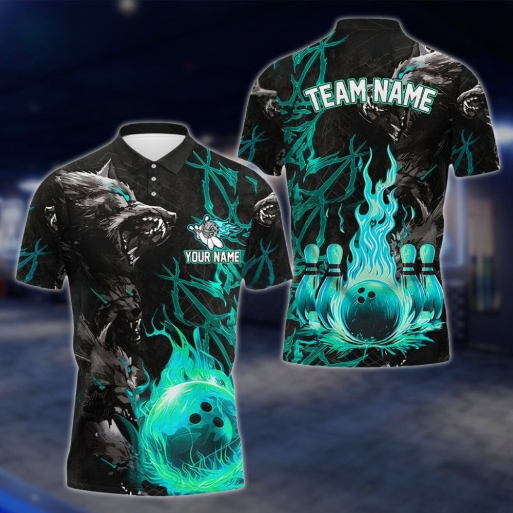 Custom Wolf Flame Ball Bowling Mens Polo Shirt, Custom Wolf Bowling Team Shirts BE0105 BOW0266