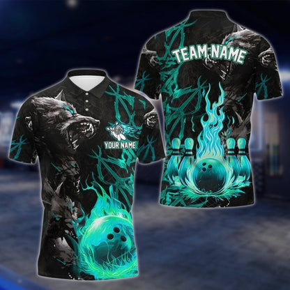 Custom Wolf Flame Ball Bowling Mens Polo Shirt, Custom Wolf Bowling Team Shirts BE0105 BOW0266