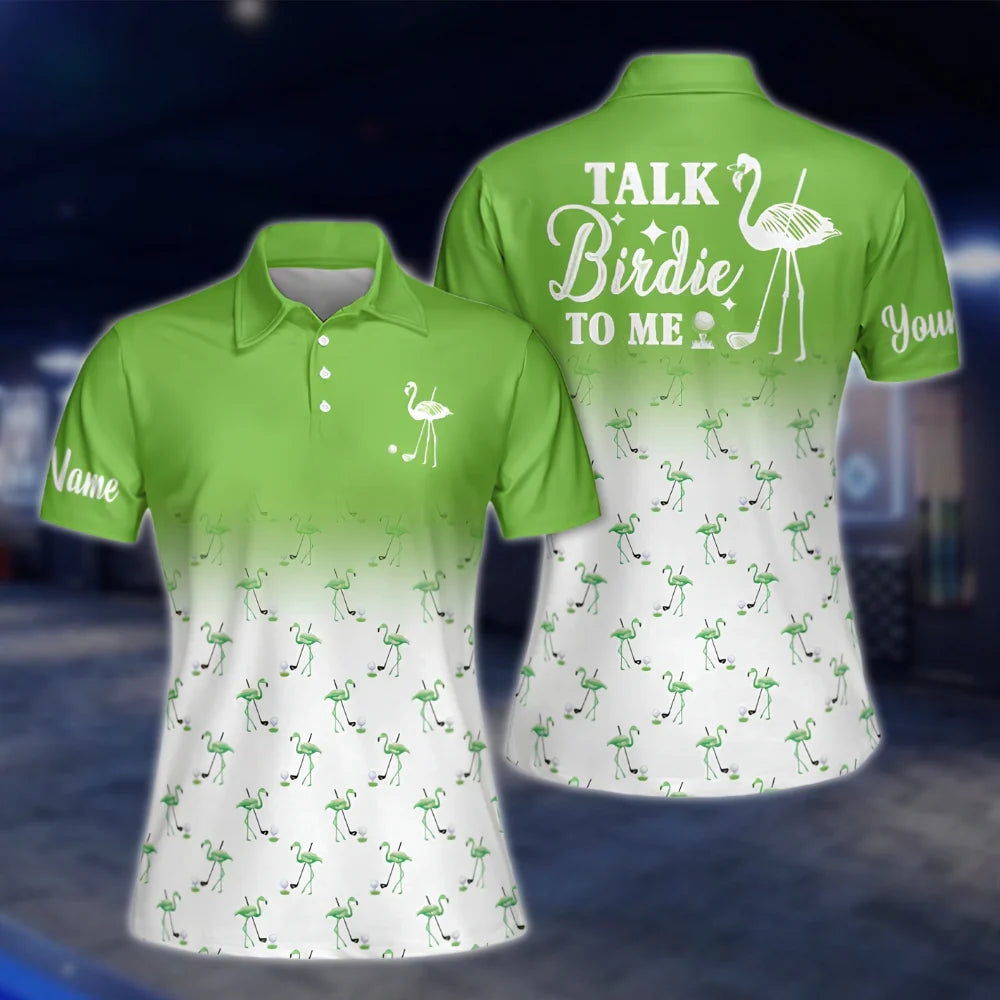 Talk Birdie To Men Custom White Pink Flamingo Golf Polo Shirts, Custom Funny Flamingo Golf Shirts For Women GOF0271