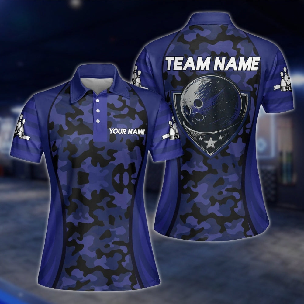 Women's Custom Green Camo Bowling Polo Shirts, Custom Camouflage Bowling Team Shirts For Ladies BZ0193 BOW0218
