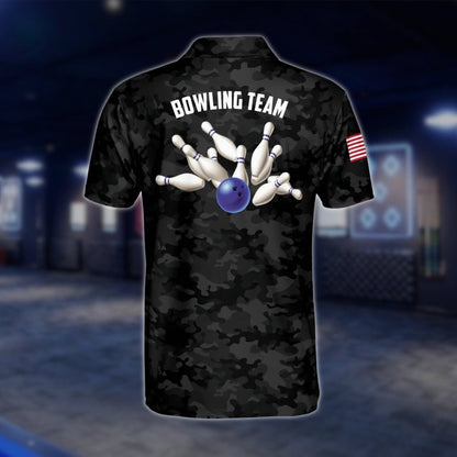 Custom Camo Black Blue Bowling Polo Shirt For Men, Custom Camo Bowling Team Shirts BZ0194 BOW0272