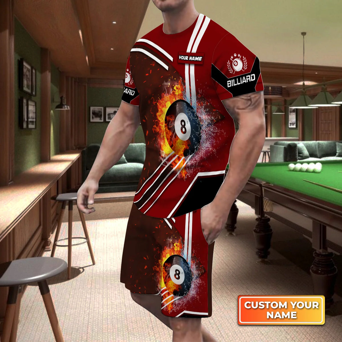 Red Billiard Pool 8 Ball On Fire Custom Name 3D Short Sleeve T-Shirt Men's Board Shorts ORN0283