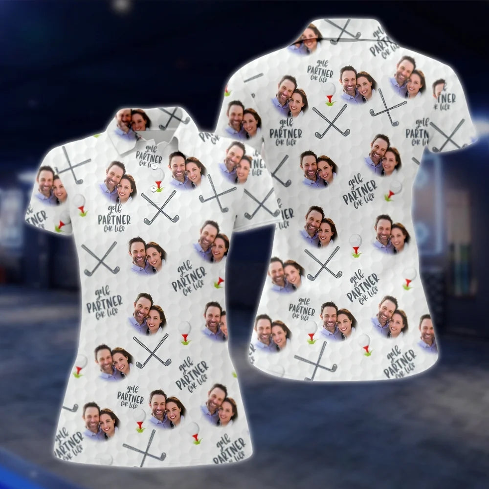 Golf Partner For Life Personalized Couple Photo Matching His And Her Golf Polo Shirt, Custom Face Matching Golf Shirt Men Women GOF0114