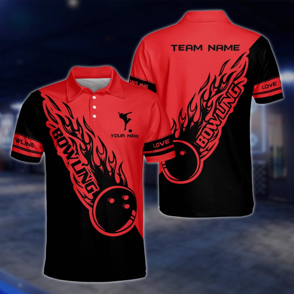 Personalized Blue Black Flame Ball Polo Bowling Team Shirts Men, Custom Team Flame Bowling Shirts BZ0224 BOW0433