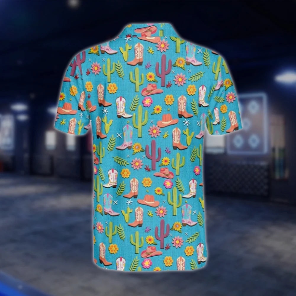 Cowboy Boots Cactus Mens Cyan Golf Polo Shirts, Western Golf Shirts GOF0252